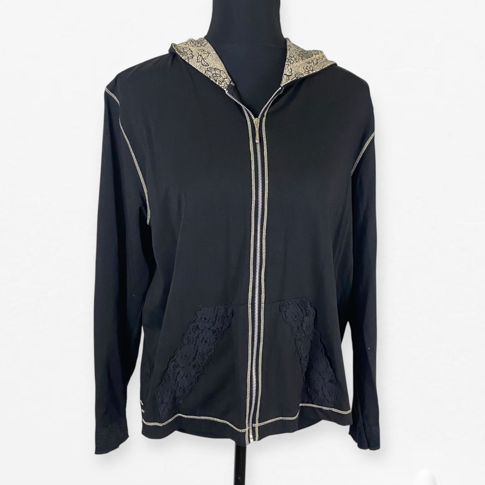 Silverwear cotton blend Black zip up Hoodie sweater with Lace Accent pockets L